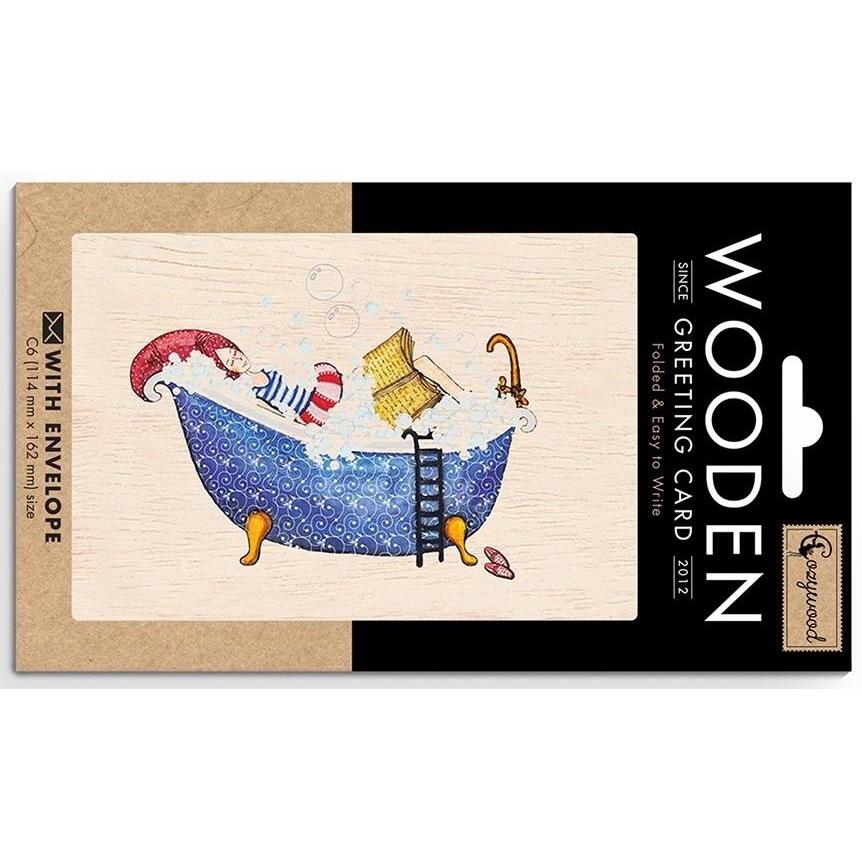 Cozywood, Biglietto di auguri + Carta da lettere, Holzkarte C6 + Umschlag Frau in der Badewanne