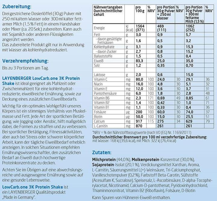 Nutritional values and ingredients Layenberger LowCarb.one 3K Protein Shake (360g can) (Chocolate, Mocha, 1 pcs., 360 g)