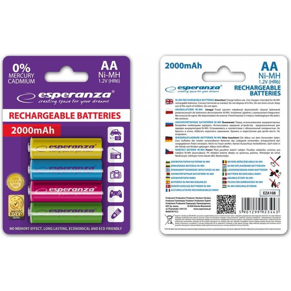 Esperanza EZA108 R6 AA Ni-MH 2000mAh, colorate - 4 pz. (4 pz., AA, 2000 mAh), Batterie + pile