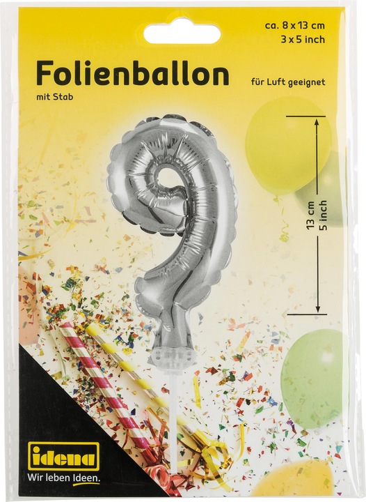Produktbild Idena Folienballon Zahl 9 am Stab 13cm silber