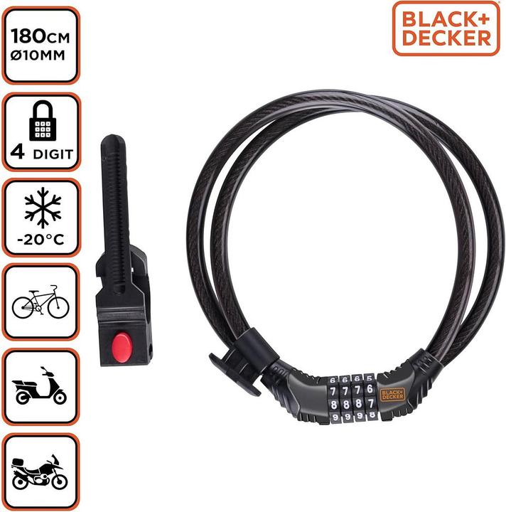 Immagine prodotto Black & Decker Lucchetto combinato per bicicletta (180 cm)