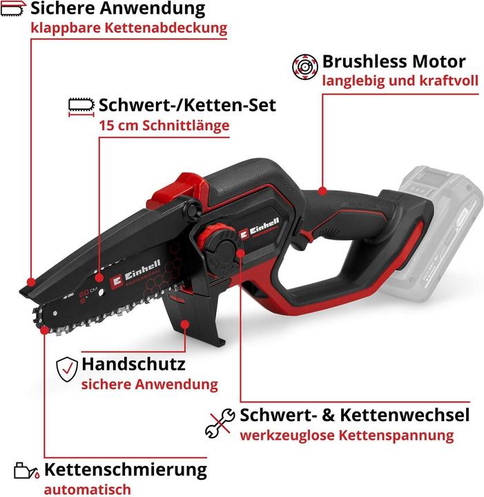 Immagine prodotto Einhell PROFESSIONAL Akku-Astkettensäge GP-PS 18/20 Li BL-Solo 4600080 (Sega a catena a batteria)