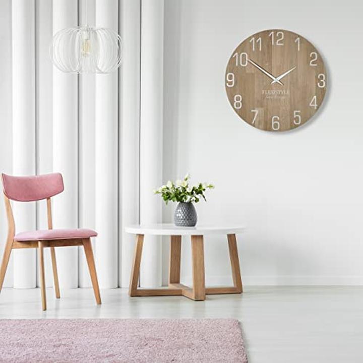 Image du produit Flexistyle Horloge mural en chêne silencieux, design moderne pour salon (50 cm)
