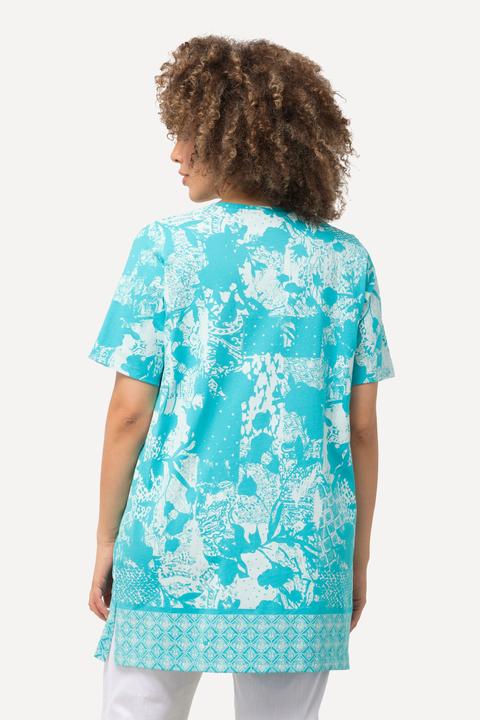 Image du produit Ulla Popken T-shirt col en V et manches courtes. Mélange d'imprimés et cordons fantaisie. (46, 48)