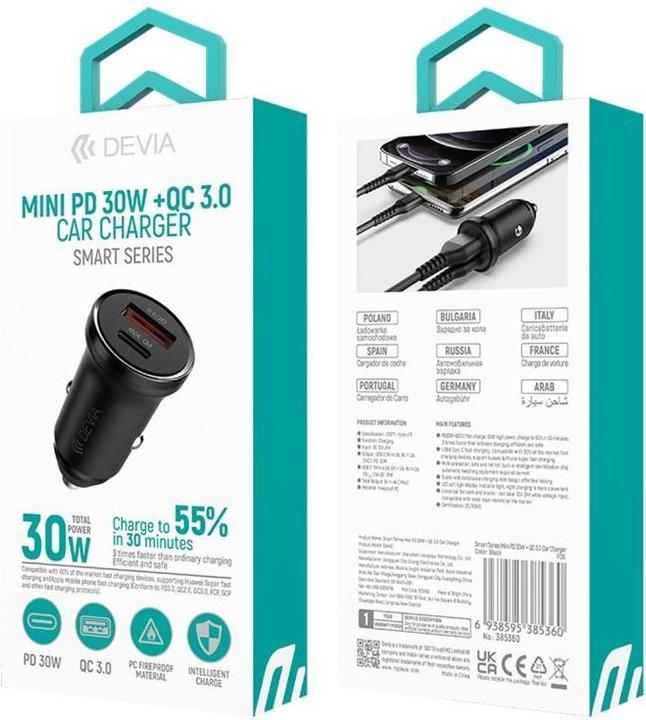Produktbild Devia car charger Smart Mini PD QC 3.0 30W 1x USB 1x USB-C white