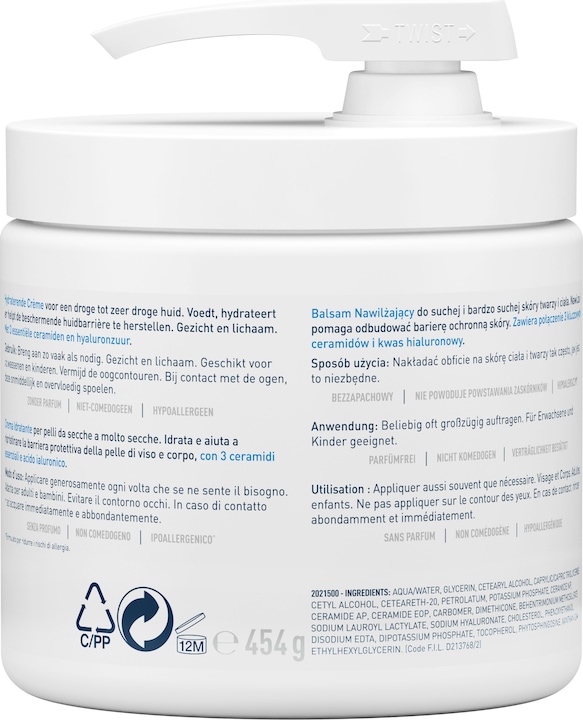 Produktbild CeraVe Feuchtigkeitscreme: Reichhaltige Creme für trockene bis sehr trockene Haut für Gesicht und Körper (Körpercreme, 454 ml)