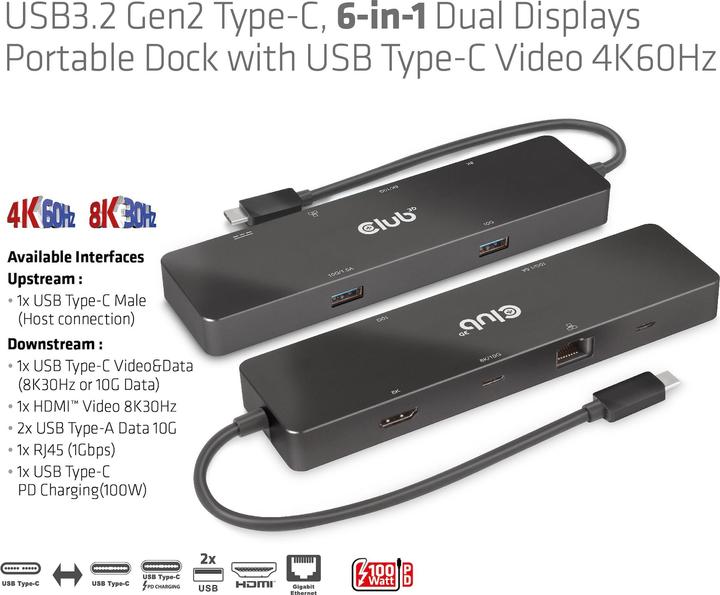 Actual product image Club 3D Club3D USB-C Dock > HDMI/USB-C(8K)/2xUSB/USB-C(PD100W)/RJ45 retail (USB-C, 6 ports)