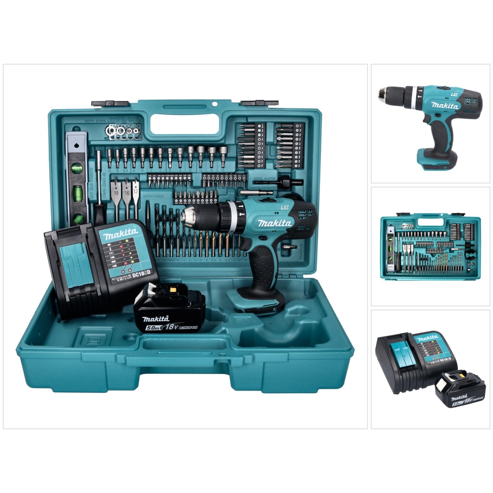 Makita, Bohrmaschine + Akkuschrauber, DHP 453 STX5 Akku Schlagbohrschrauber 18 V 42 Nm + 1x Akku 5,0 Ah + Ladegerät + 10...