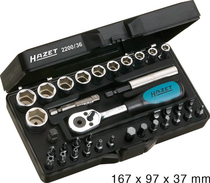 Produktbild HAZET Steckschlüssel Satz 2200/36 ∙ Vierkant6,3 mm (1/4 Zoll), Sechskant6,3 (1/4 Zoll) ∙ Aussen Sech… (10  mm, 11 mm, 12 mm, 13 mm, 14 mm, 3 mm, 4 mm, 5 mm, 6 mm, 7 mm, 8 mm, 9 mm)
