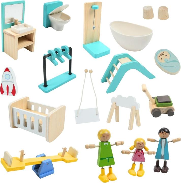 Image du produit Hermex 59-tlg. Holz-Puppenhaus mit Puppen Puppen-Villa mit Garten Spielhaus