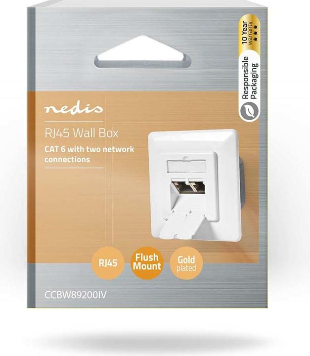 Immagine prodotto Nedis Presa di rete a muro | Montaggio ad incasso | Porta/e a 2 porte | CAT6 | Diritto | Presa | Placcato (S/UTP, CAT6, 0.08 m)