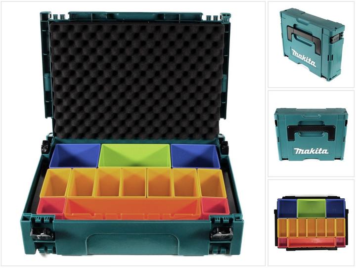 Actual product image Makita MAKPAC 1 system case + box insert with coloured boxes P-83652 + foam lid insert