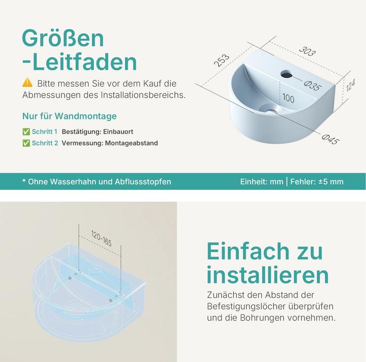 Produktbild Emke Badezimmerwaschbecken 303 x 255 x 120 mm, U-förmig, Mini, Wandmontage, Matt Hellgrau-Blau (255 mm, 303 mm)