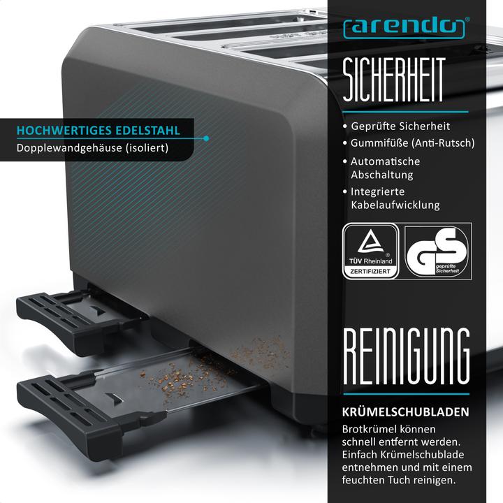 Actual product image Arendo Stainless steel toaster 4 slices, automatic, stainless steel, heat-insulating double-walled