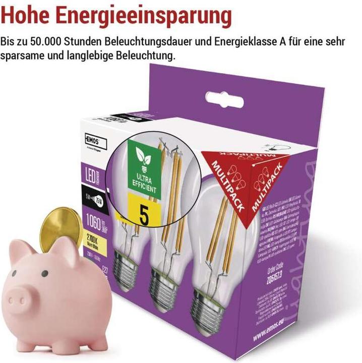 Produktbild Emos LED Lampe Filament A60 / E27 / 5 W (75 W) / 1 060 lm / Warmweiss (E27, 5 W, 1060 lm, 3 x, A)