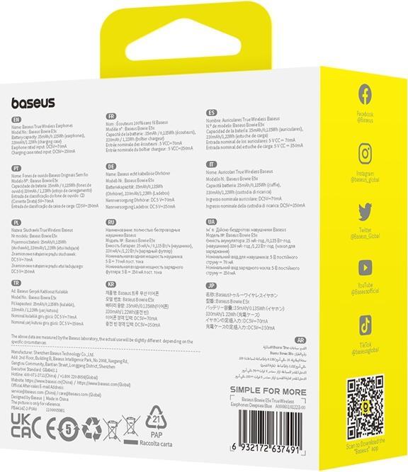 Immagine prodotto Baseus Auricolari TWS Bowie E5x (blu) (ANC, 35 h, Senza fili)