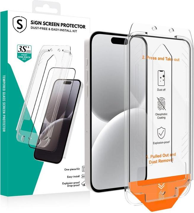 SIGN Volledige schermbeschermer van gehard glas voor iPhone 16 met montageframe (Apple iPhone 16)