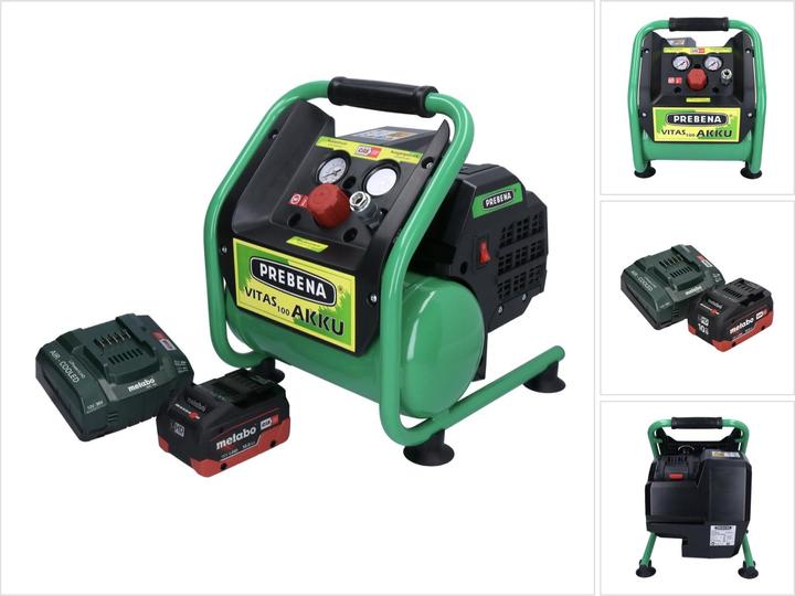 1x Prebena VITAS 100-AKKU compressor, 1x Metabo LiHD battery 18V 10.0 Ah (625549000) CAS system, 1x Metabo ASC 145 charger (627378000)