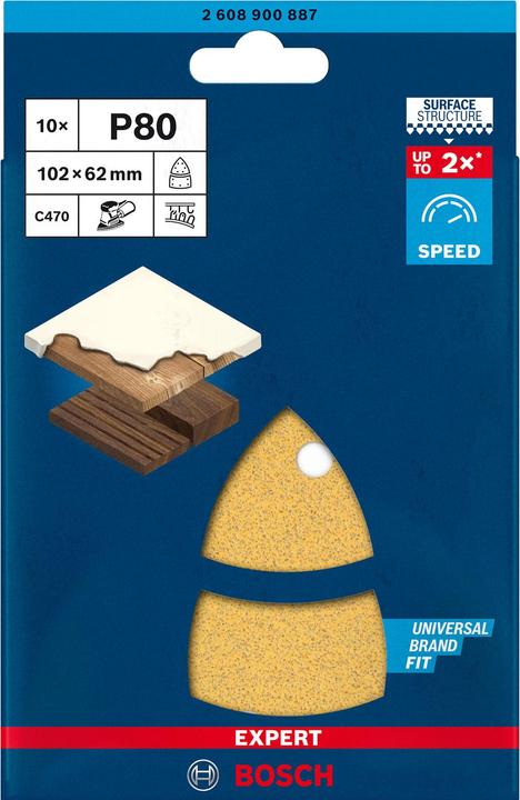 Produktbild Bosch Professional Zubehör EXPERT C470 Schleifpapier mit 11 Löchern für Multischleifer, 102 x 62 mm, 93 mm, G 80, 10-tlg. (80)