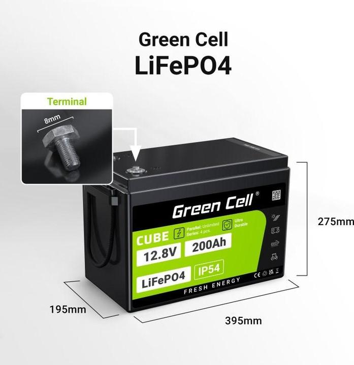 Actual product image GreenCell Green Cell CUBE LiFePO4 battery 200Ah 12.8V 2560Wh lithium iron phosphate battery for motorhomes, so (12.80 V, 200 Ah)