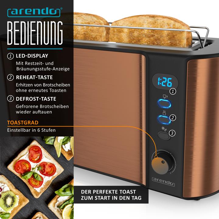 Actual product image Arendo Breakfast set, 2-slice long slot toaster with bread roll top & egg boiler for 3 eggs, copper