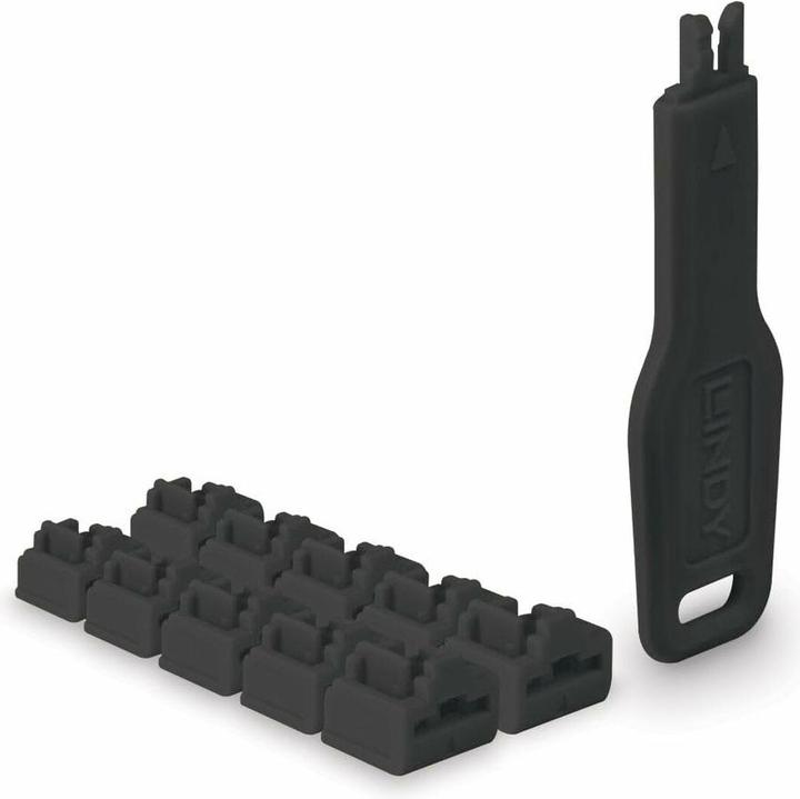Produktbild Lindy RJ45 Port Schlösser SCHWARZ 10 Stck+ 1 Schlüssel (47891)