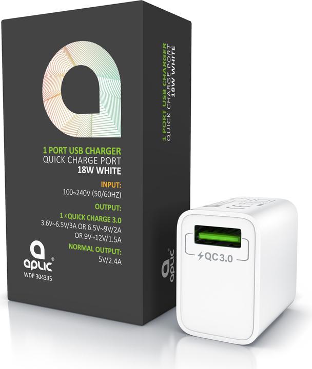 Image du produit Aplic Chargeur USB 18W Quick Charge 3.0, charge rapide, pour smartphones, tablettes, blanc (18 W, 1 portion)
