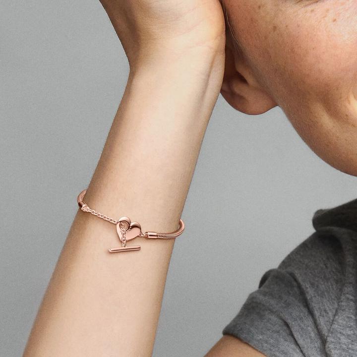 Image du produit Pandora 14k or rose Moments Heart T-Bar Snake Chain Bracelet (17 cm, Métal, plaqué or rose)