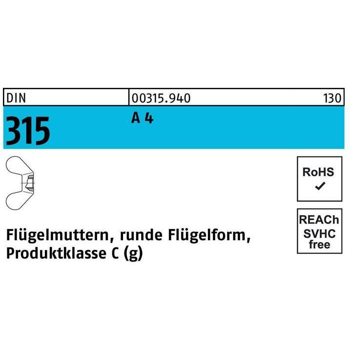 Muttern + Unterlegscheiben, Flügelmutter DIN 315 runde Form M 16 A 4