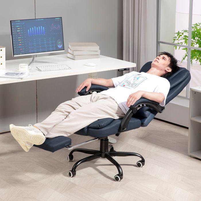 Produktbild Swisshandel24 Massage-Bürostuhl, 7 Vibrationspunkte, verstellbare Fussstütze & Lehne, bis 120 kg, Lederoptik, Blau (46 - 56 cm)
