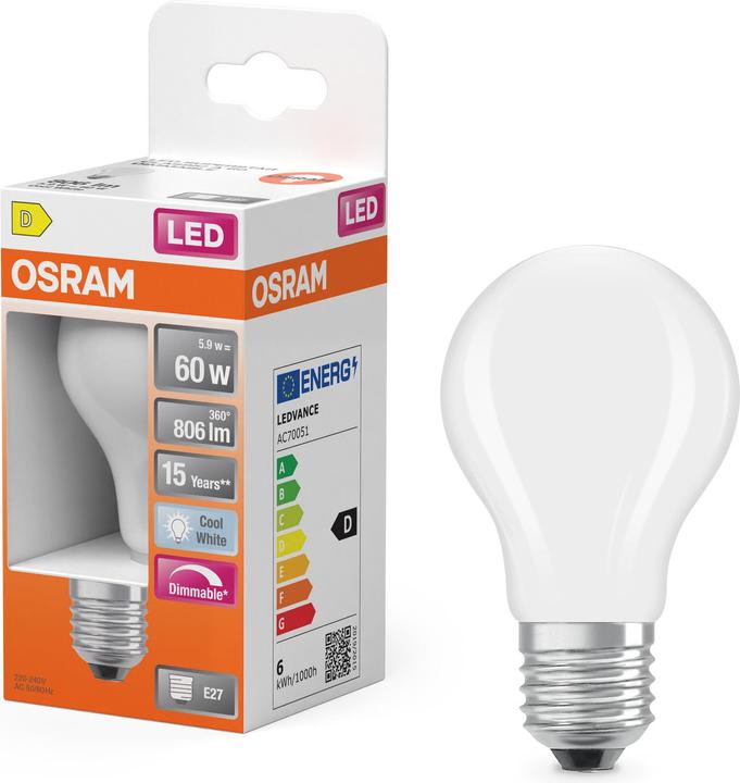 Actual product image Osram LED Superstar Classic A 60 Filament DIM 5.9W 840 Frosted E27 (E27, 806 lm, 6 x)