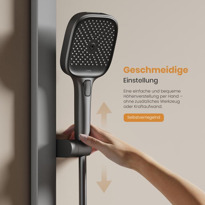 Actual product image Emke Shower system with thermostat Anthracite Matt Adjustable flow rate 4-jet hand shower incl. shower