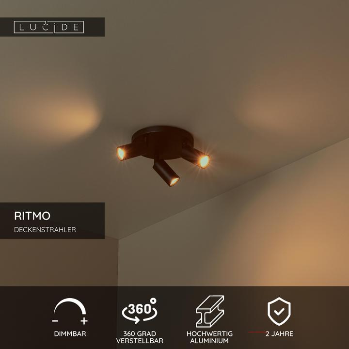 Produktbild Lucide RITMO - Plafondspot - Ã˜ 18 cm - 3xGU10 (MR11) - Zwart (GU10)
