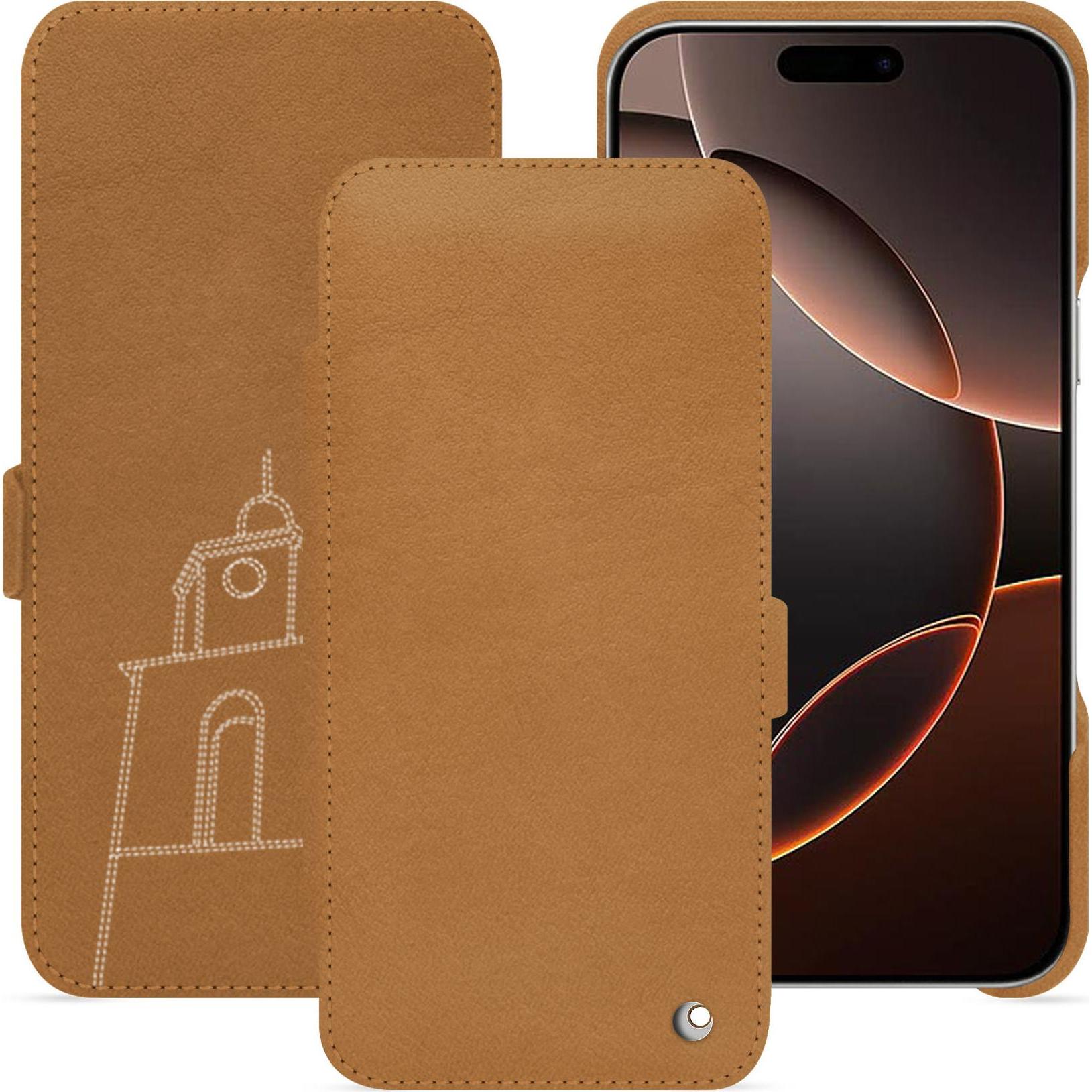 Noreve Lederschutzhülle horizontal (Apple iPhone 16 Pro), Smartphone Hülle, Braun