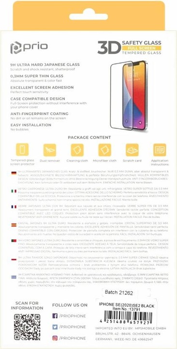 Produktbild prio 3D Displayschutzglas für iPhone SE (2022/2020) schwarz (1 Stück, Apple iPhone SE (2nd Gen), Apple iPhone SE (3rd Gen))
