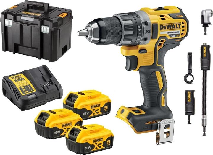 Actual product image DeWalt 18 Volt cordless drill / with 3 x 5Ah + angle drill attachment DT20502 (Rechargeable battery operated)