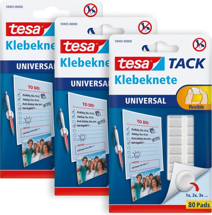 Image du produit tesa 3x TACK pâte à modeler, pastilles adhésives malléables, 3 x 80 pièces