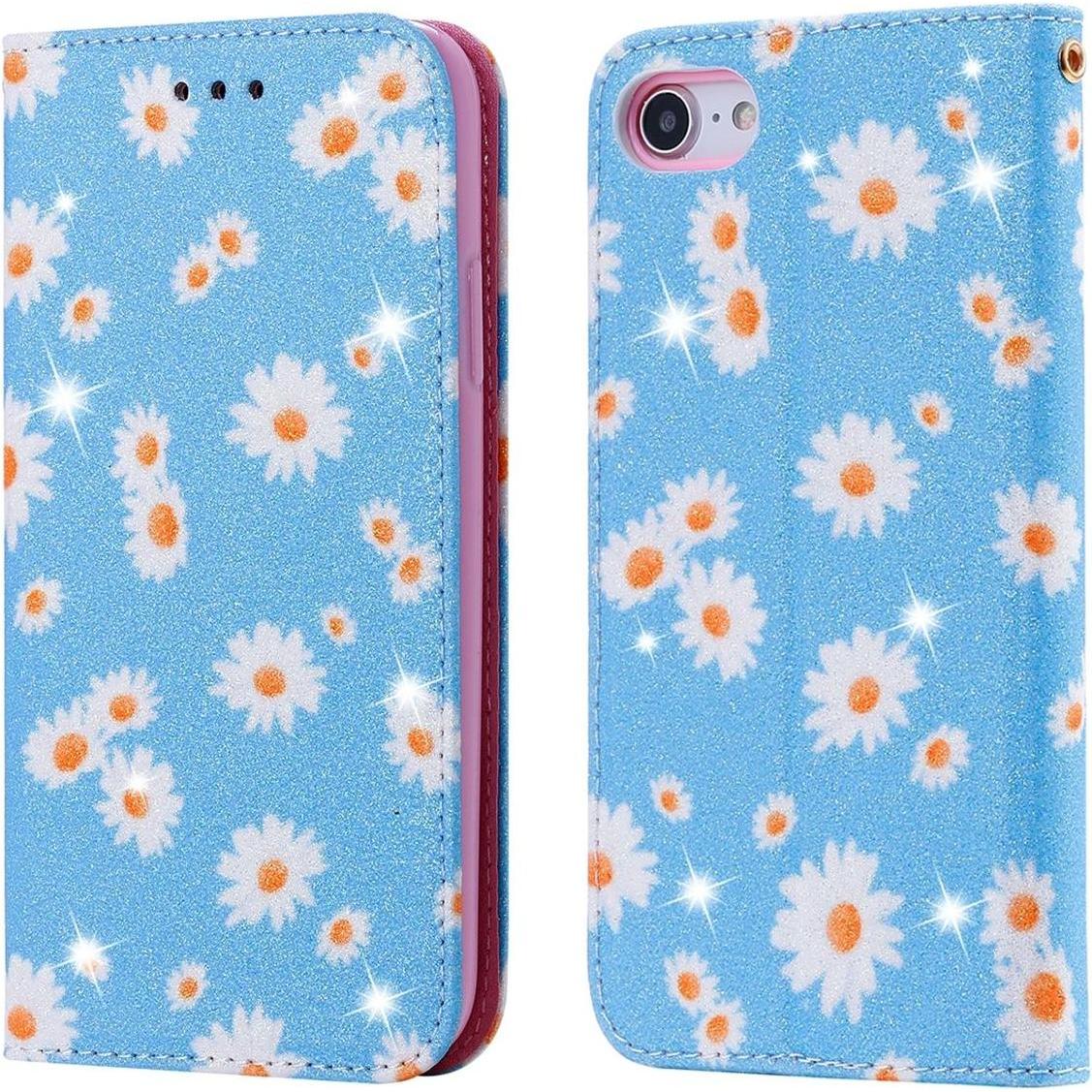König Design Handyhülle für Apple iPhone SE 2022 Schutztasche Blumen Magnet Wallet Glitzer (Apple iPhone SE (3rd Gen)), ...