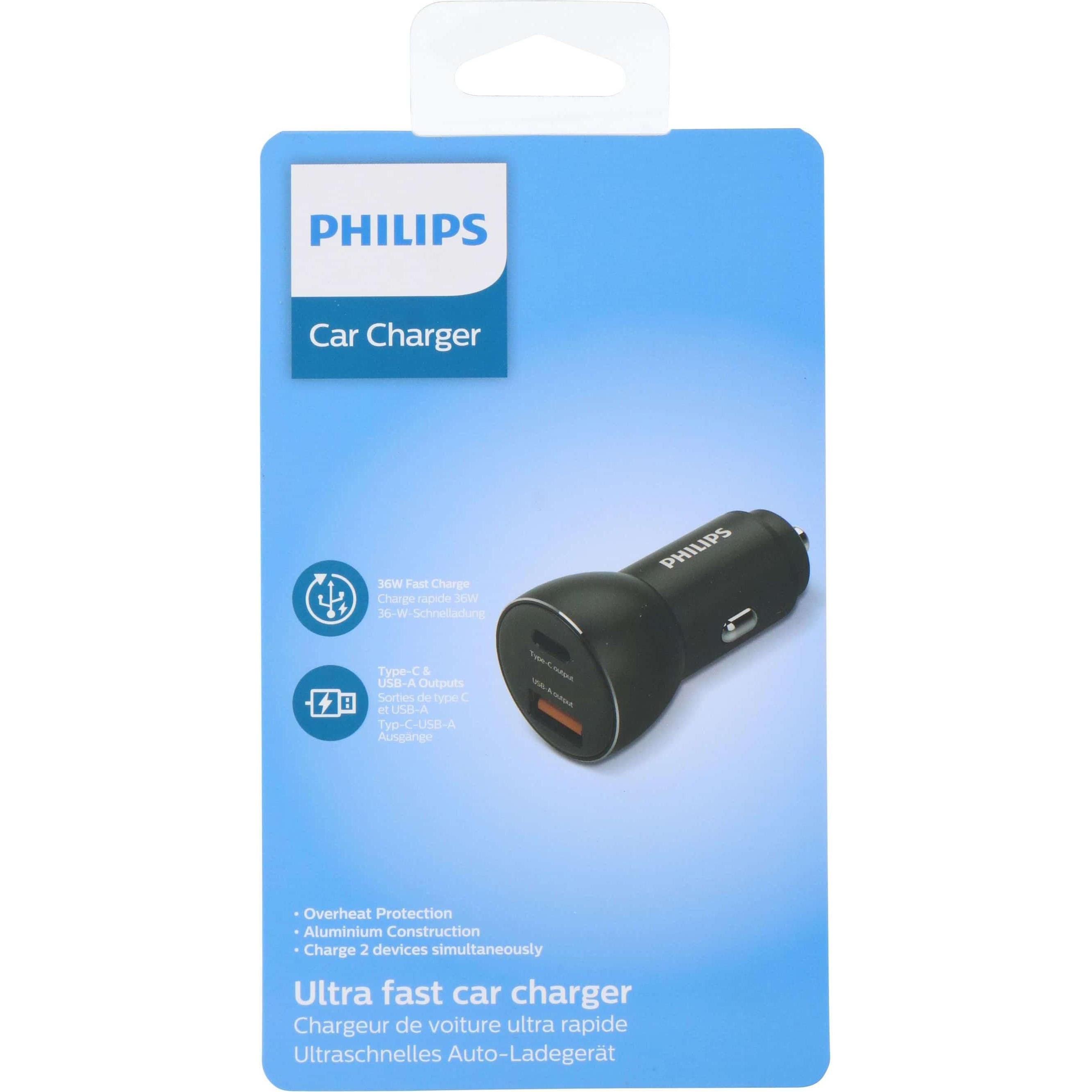 Thumbnail - Philips 1x USB-A Ladegerät 1x USB-C 3A (DLP2521, Auto Adapter, Schwarz