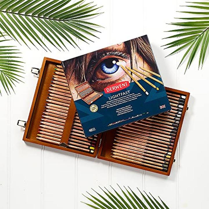 Actual product image Derwent Lighfast coloured pencils gift set in wooden box, 48 pieces (48 x)