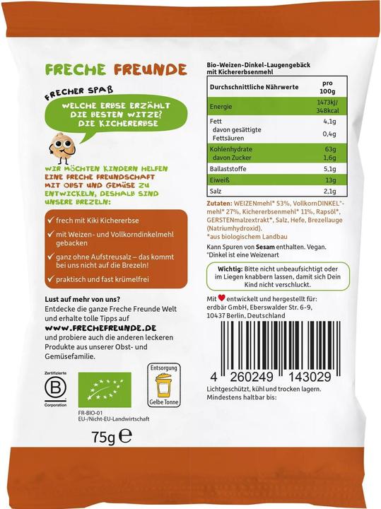 Valori nutrizionali e ingredienti Freche Freunde Pretzel sfacciato Ceci senza sale Bio (75 g)