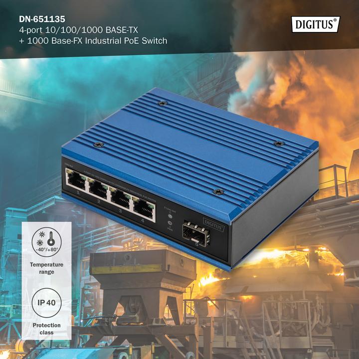 Produktbild Digitus 4-port 10/100/1000BASE-TX+1000Base-FX Industrial PoE Switch (4 Ports)