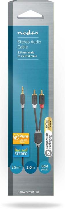 Actual product image Nedis CABW22200AT20. Connection 1: 3.5mm, Connection 2: 2 x RCA, Cable material: Copper clad aluminiu (2 m)