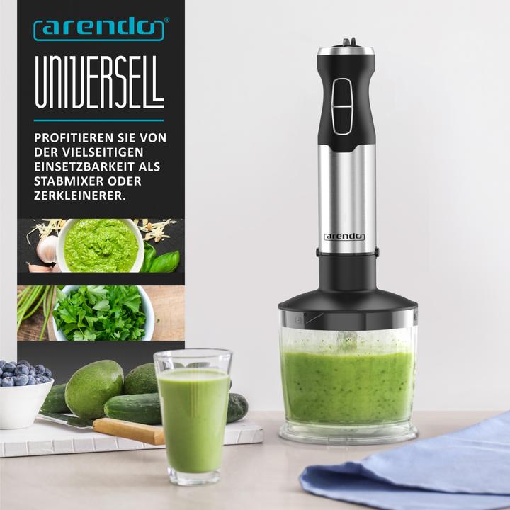 Produktbild Arendo Stabmixer mit Messbecher, 1000W, Edelstahl, vierflügeliges Messer, Pürierstab, DC Motor, Turbotaste