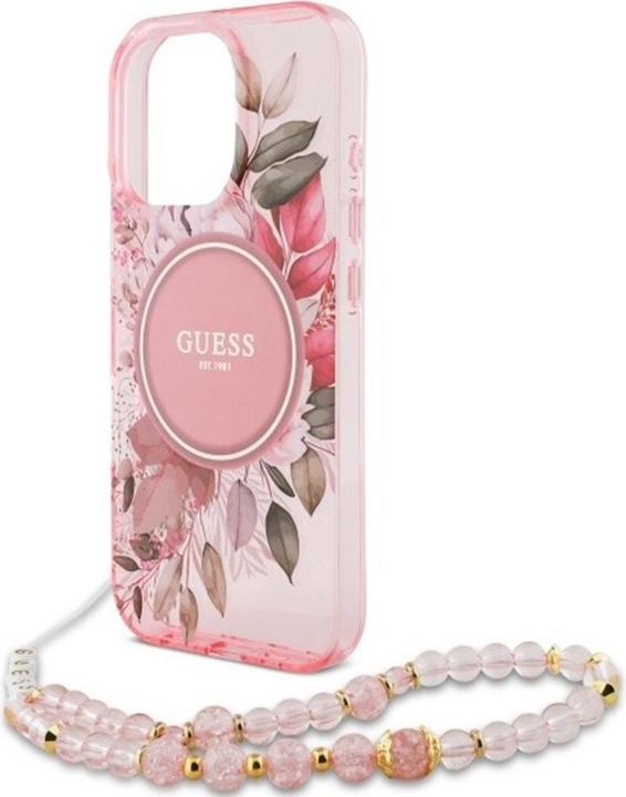 Produktbild Guess GUHMP16LHFWBRCESP iPhone 16 Pro 6.3" różowy/pink hardcase IML Flowers With Pearl Strap MagSafe (Apple iPhone 16 Pro)