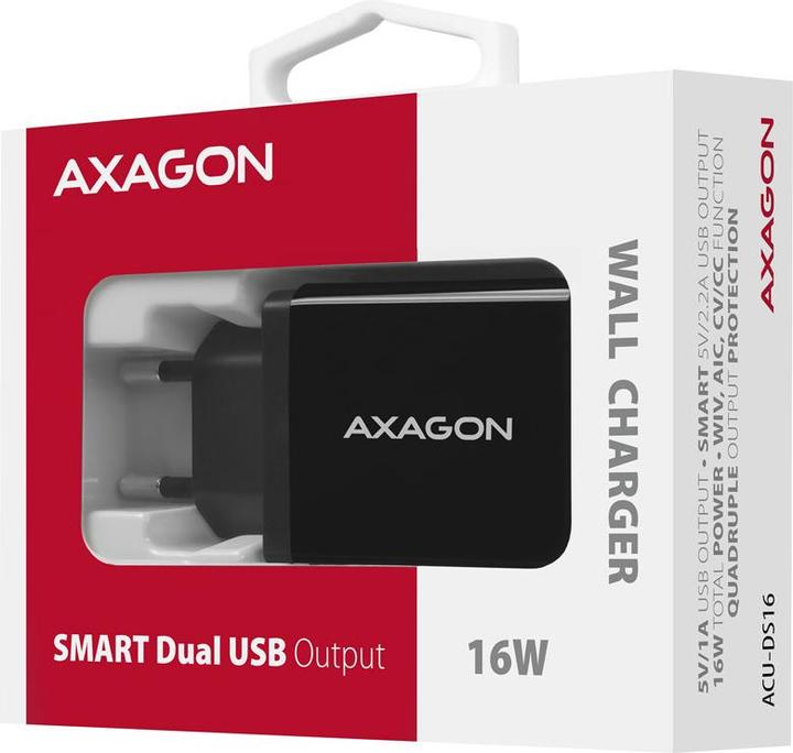 Produktbild Axagon ACU-DS16 Ladegerät für Mobilgeräte Indoor Schwarz (16 W, 2 Ports)