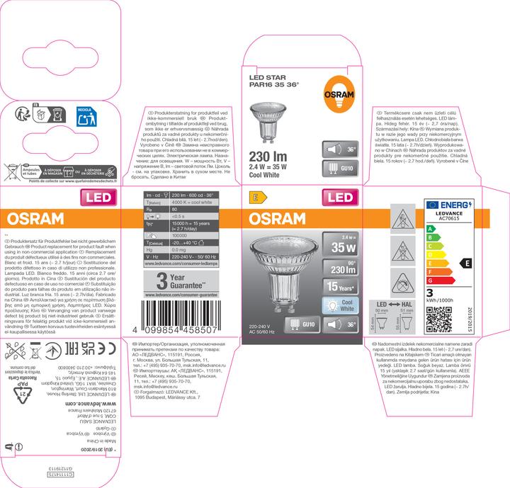 Produktbild Osram LED Leuchtmittel LED STAR PAR16 2.4W 840 GU10 Neutralweiss 4099854458507 (GU10, 2.40 W, 230 lm, 6 x, E)