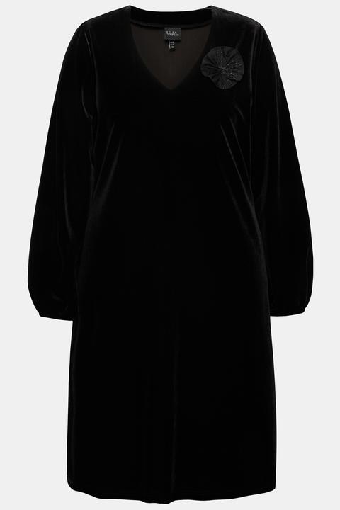 Produktbild Ulla Popken Samtkleid, Brosche, A-Linie, V-Ausschnitt, Langarm (42, 44)