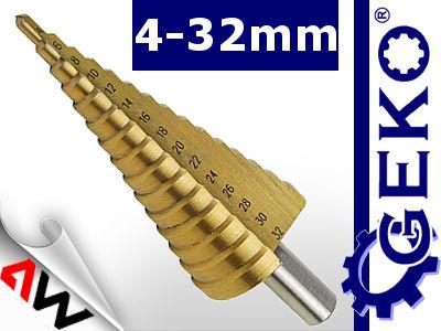 Produktbild GEKO Stufenbohrer, 4-32 mm, 2 mm Stufen, 15 Löcher, Schaft 10 mm, TiN (4, 6, 8, 10, 12, 14, 16, 18, 20, 22, 24, 26, 28)