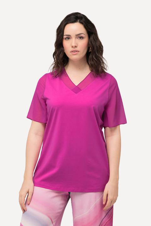 Produktbild Ulla Popken T-Shirt, Chiffon-Blende, V-Ausschnitt, Chiffon-Halbarm (58)